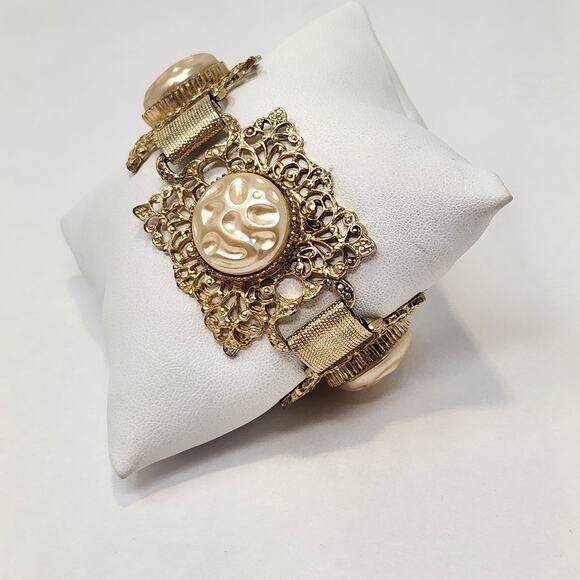 Filigree Gold Tone Panel Link Bracelet Faux Pearl Chunky Ornate Statement Retro - Picture 2 of 6